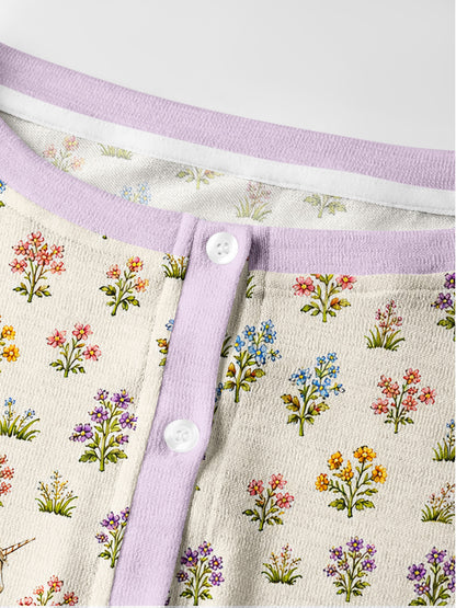 Lightweight Crew Neck Long‑Sleeve Cropped Enchanted Unicorn Garden Print Fine‑Knit Cardigan