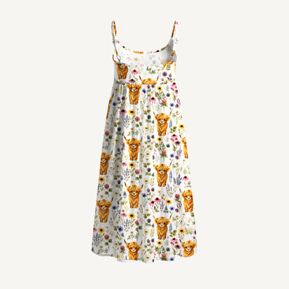 Farm Animal Boho Highland Cow Print Spaghetti Strap Mini Dress
