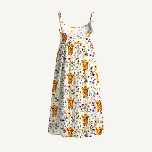 Farm Animal Boho Highland Cow Print Spaghetti Strap Mini Dress