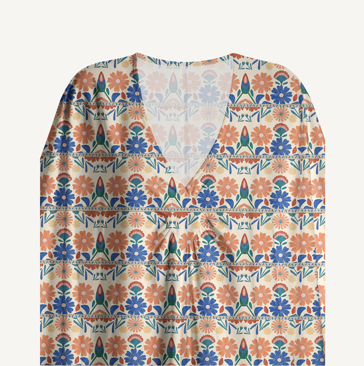 V‑Neck Bohemian Folk Floral Stripe Kimono Sleeve Kaftan Dress