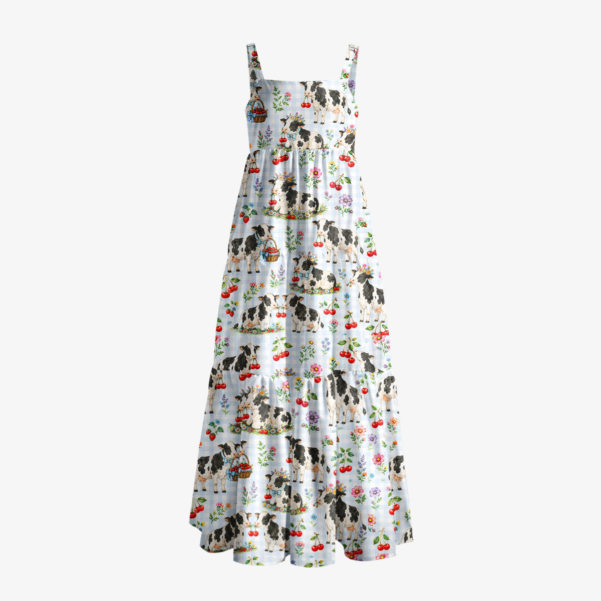 Milk Cow Cherry Garden Print Wide Straps Maxi Dress With Pockets