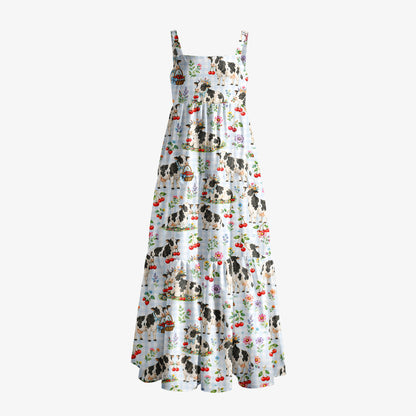 Milk Cow Cherry Garden Print Wide Straps Maxi Dress With Pockets