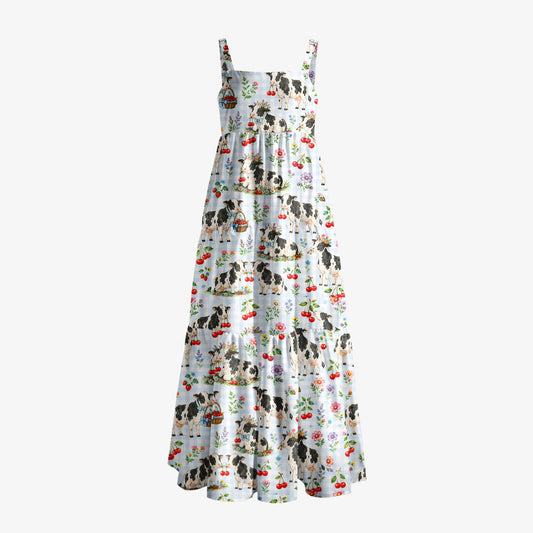 Milk Cow Cherry Garden Print Wide Straps Maxi Dress With Pockets