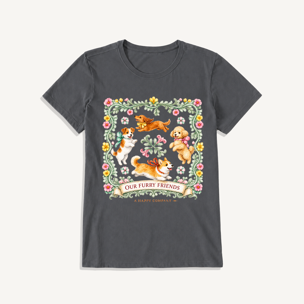 Playful Furry Friends Print Crew Neck Cotton Tee