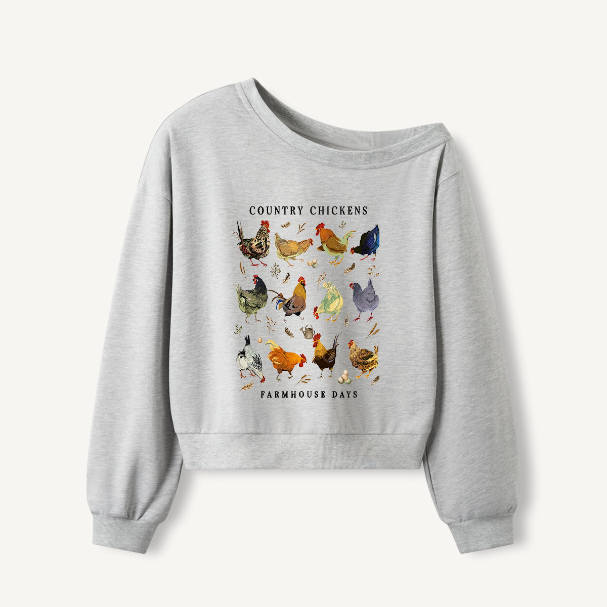 Country Chicken Farmhouse Collection Print Off Shoulder Sweatshirts