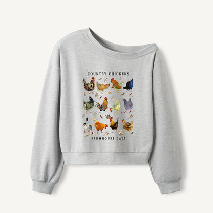 Country Chicken Farmhouse Collection Print Off Shoulder Sweatshirts