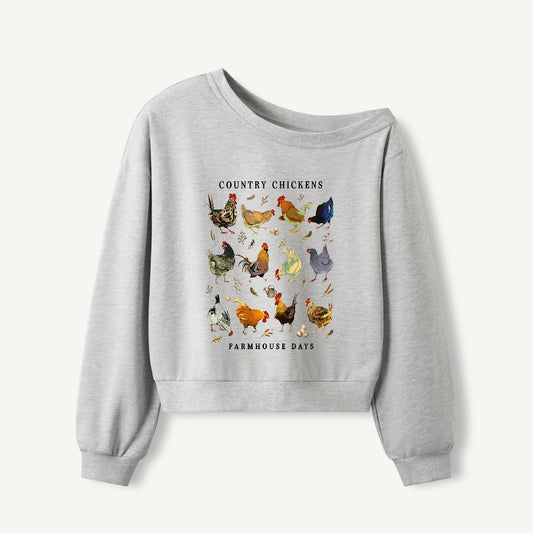 Country Chicken Farmhouse Collection Print Off Shoulder Sweatshirts