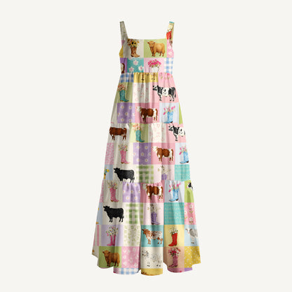 Pastel Patchwork Farmyard Print Wide Straps Maxi Dress With Pockets