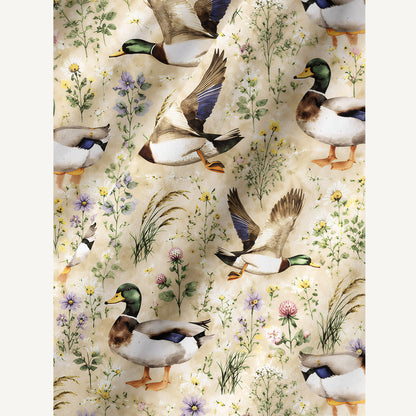 Watercolor Mallard Ducks Print Cotton Wide Straps Maxi Dress With Pockets