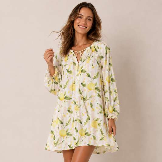 Lemon Grove Sunshine Print Boho Tie‑Neck Smock Mini Dress
