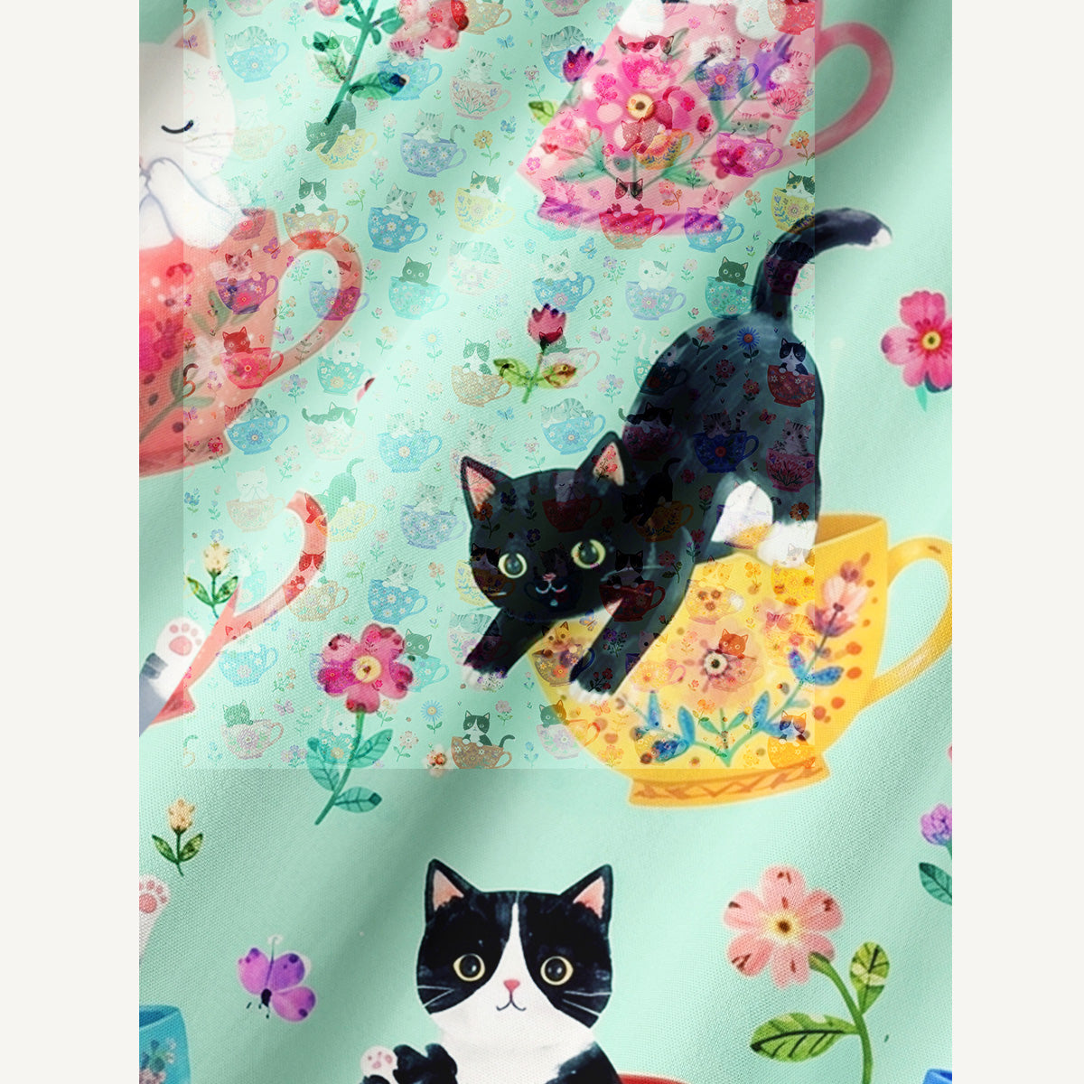 Cute Teacup Kitten Print Cotton Wide Straps Maxi Dress With Pockets