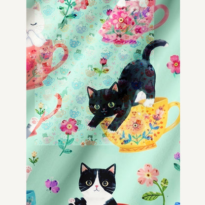 Cute Teacup Kitten Print Cotton Wide Straps Maxi Dress With Pockets