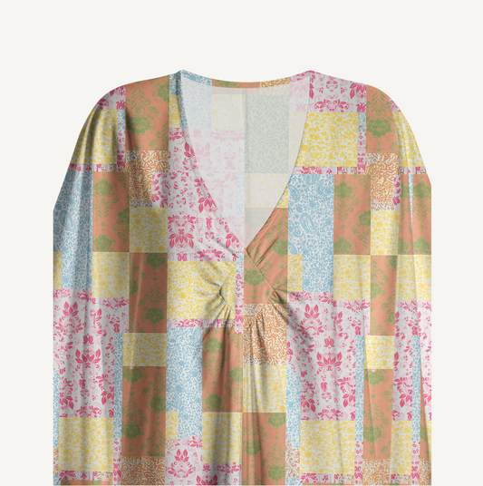 V‑Neck Morning Patch Kimono Sleeve Kaftan Dress
