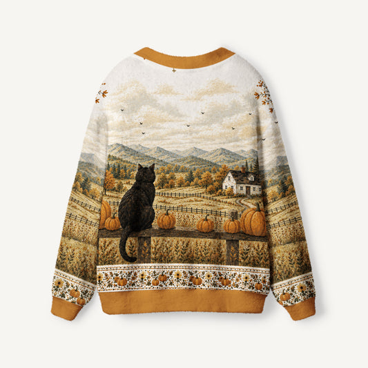 Autumn Pumpkin Field Black Cat Country Print Ugly Cardigan Sweaters