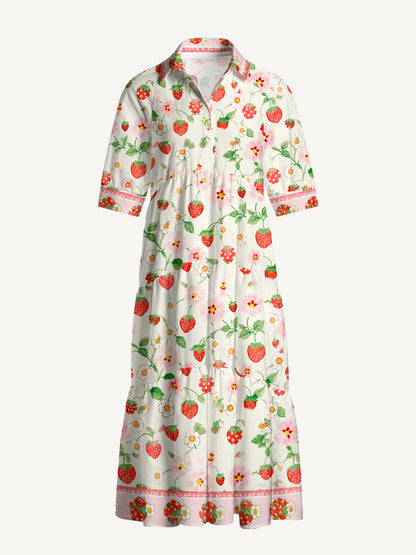 V Neck Collared Strawberry Meadow Print Casual Midi Dress With Pockets