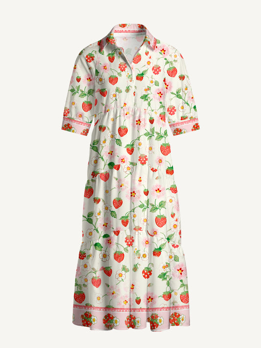 V Neck Collared Strawberry Meadow Print Casual Midi Dress With Pockets