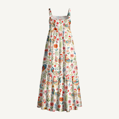 Country Rooster Garden Print Wide Straps Maxi Dress With Pockets