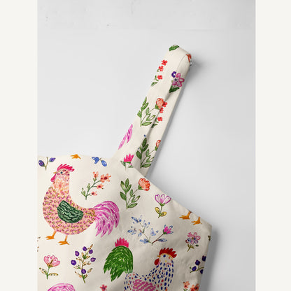 Colorful Farm Chickens Print Cotton Wide Straps Maxi Dress With Pockets