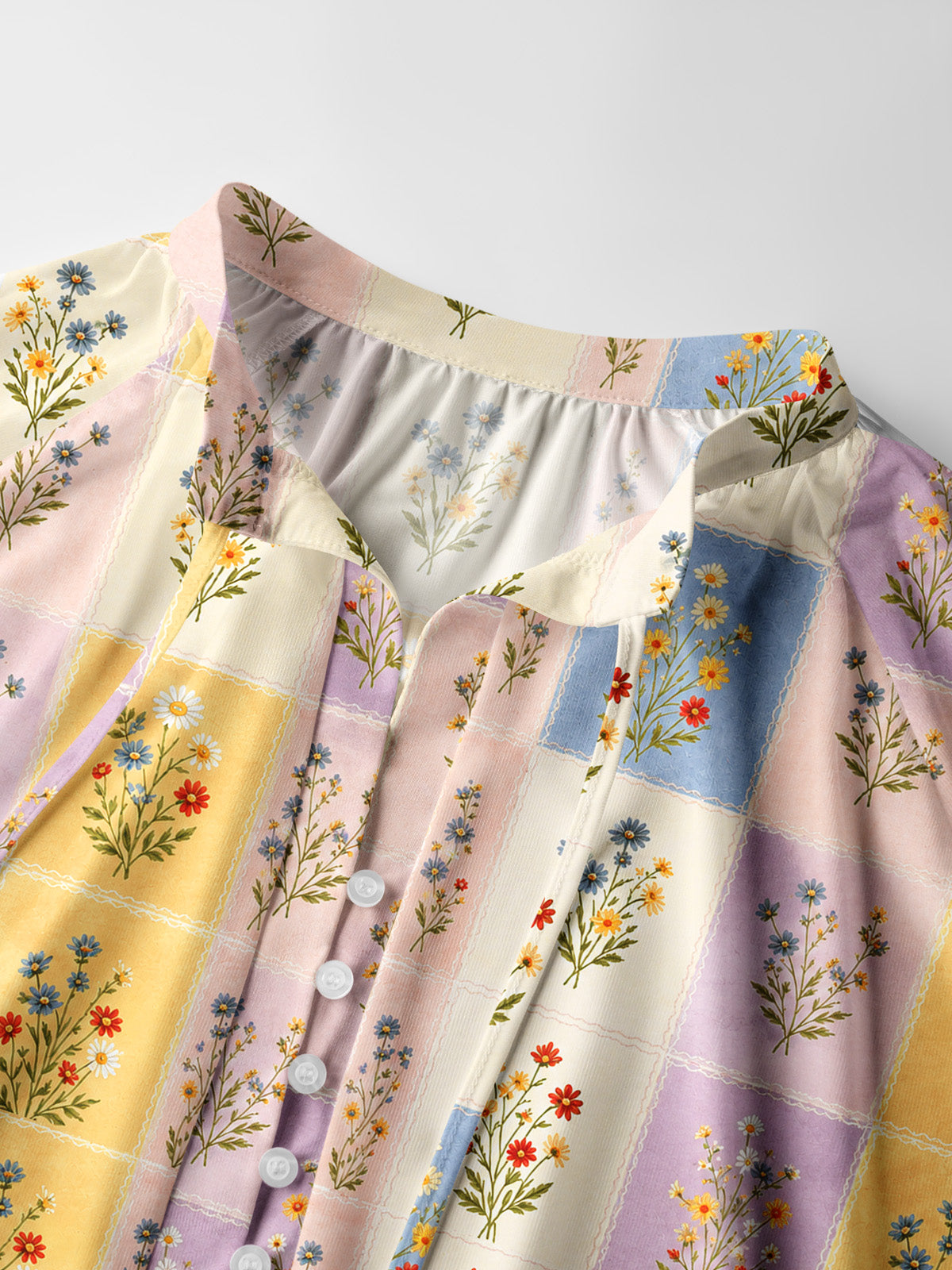 Soft Pastel Check Wildflower Print Boho Long Sleeve Tie‑Neck Blouse