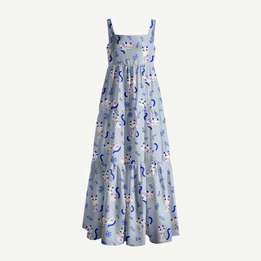 Cottagecore Blue China Cat Print Wide Straps Maxi Dress With Pockets