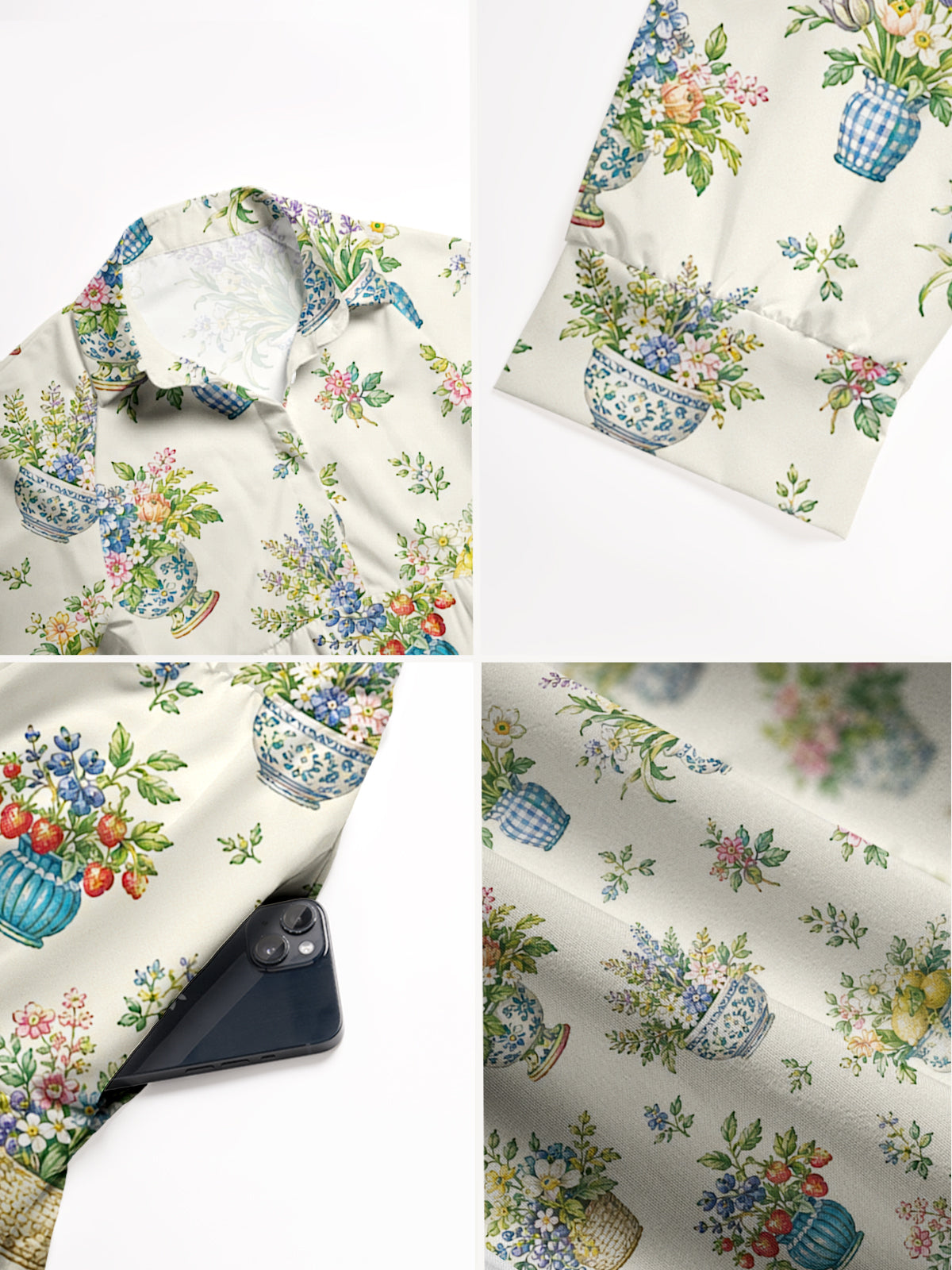 V Neck Collared Garden Baskets  Print Casual Midi Dress With Pockets