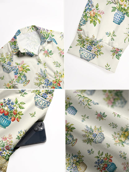 V Neck Collared Garden Baskets  Print Casual Midi Dress With Pockets
