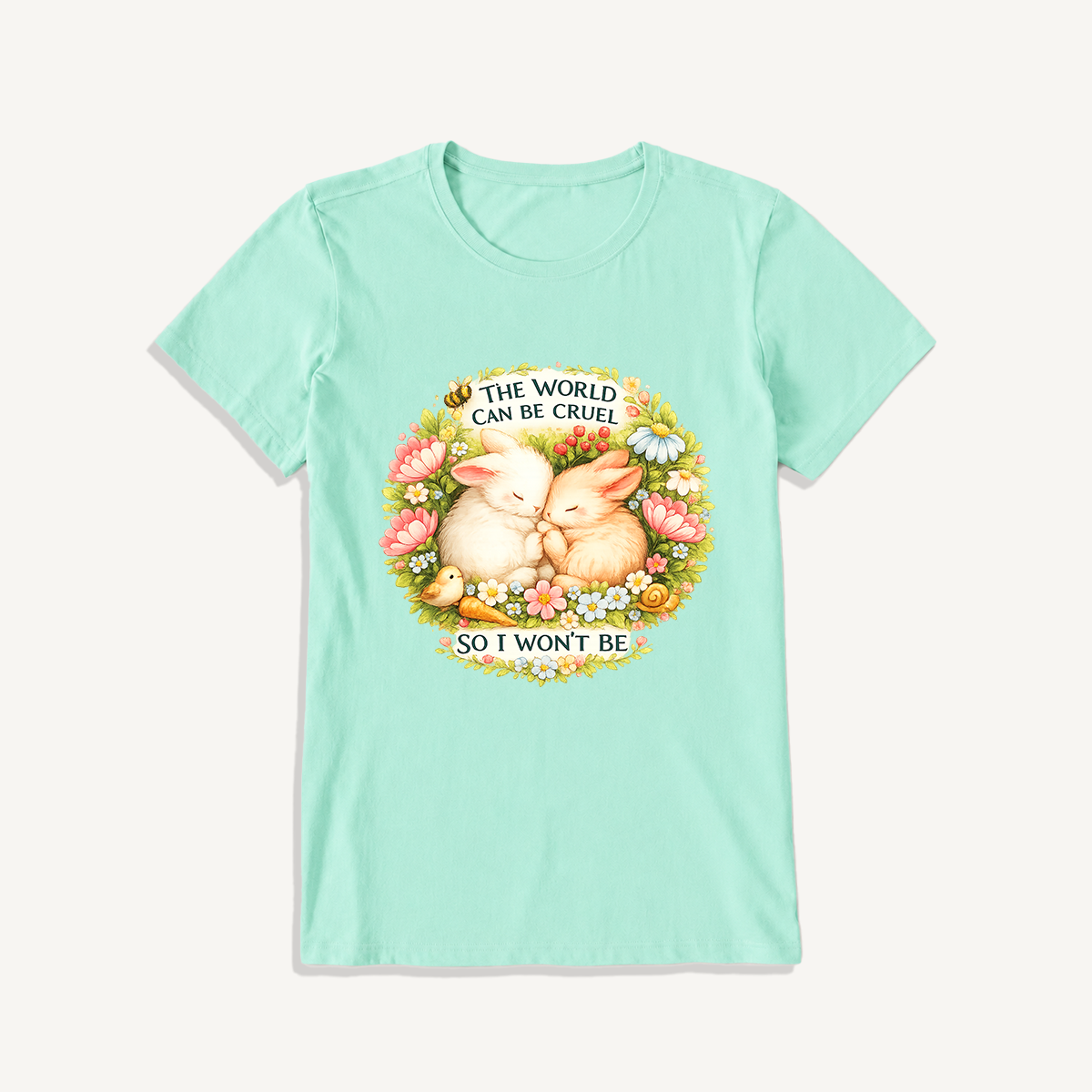 Gentle Bunny Embraces Print Crew Neck Cotton Tee