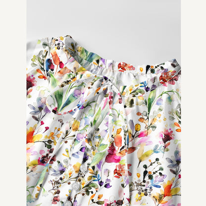 Watercolor Wildflower Garden Print Boho Tie‑Neck Smock Mini Dress