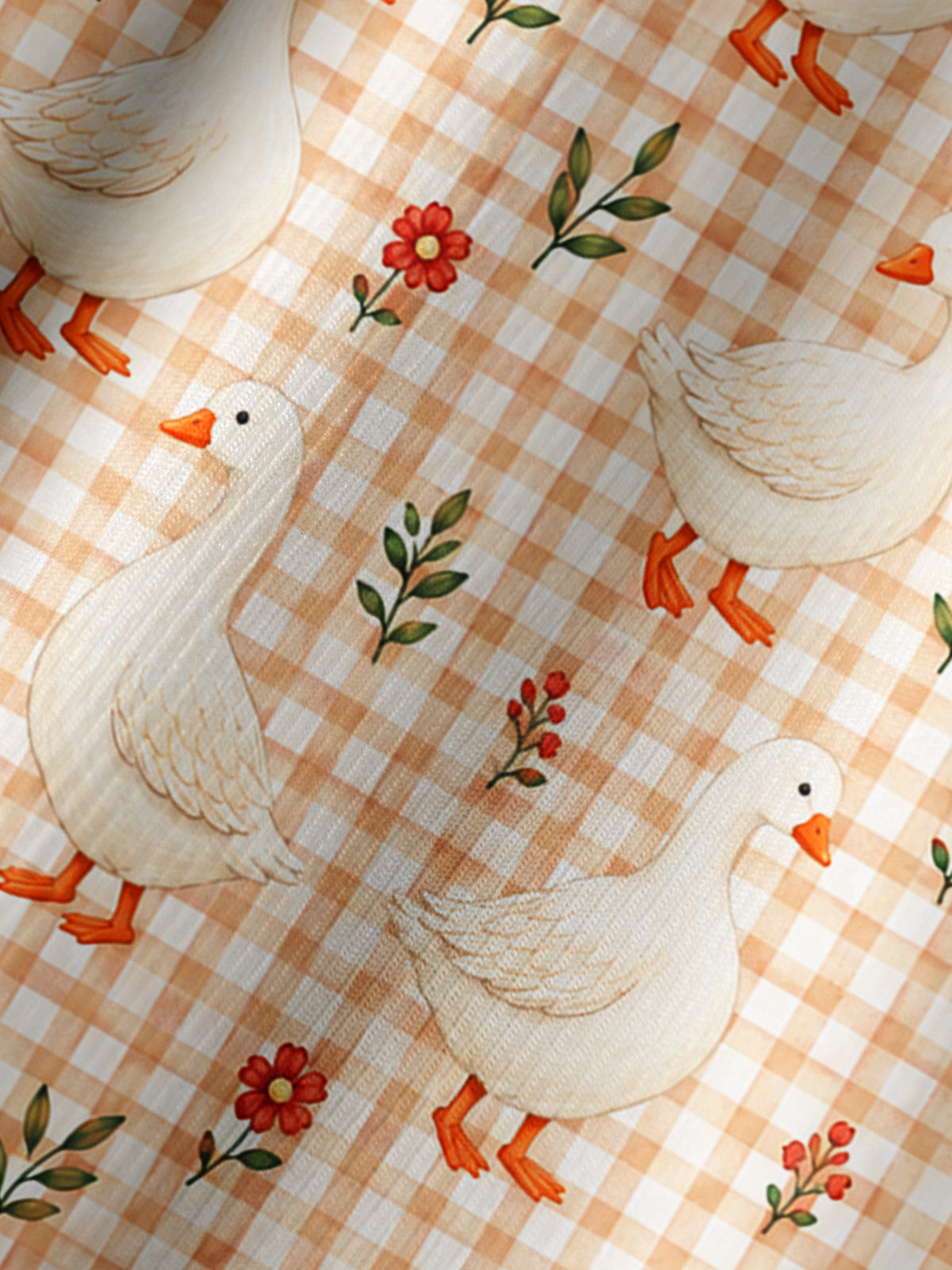 Country Gingham Garden Geese Print Boho Long Sleeve Tie‑Neck Blouse