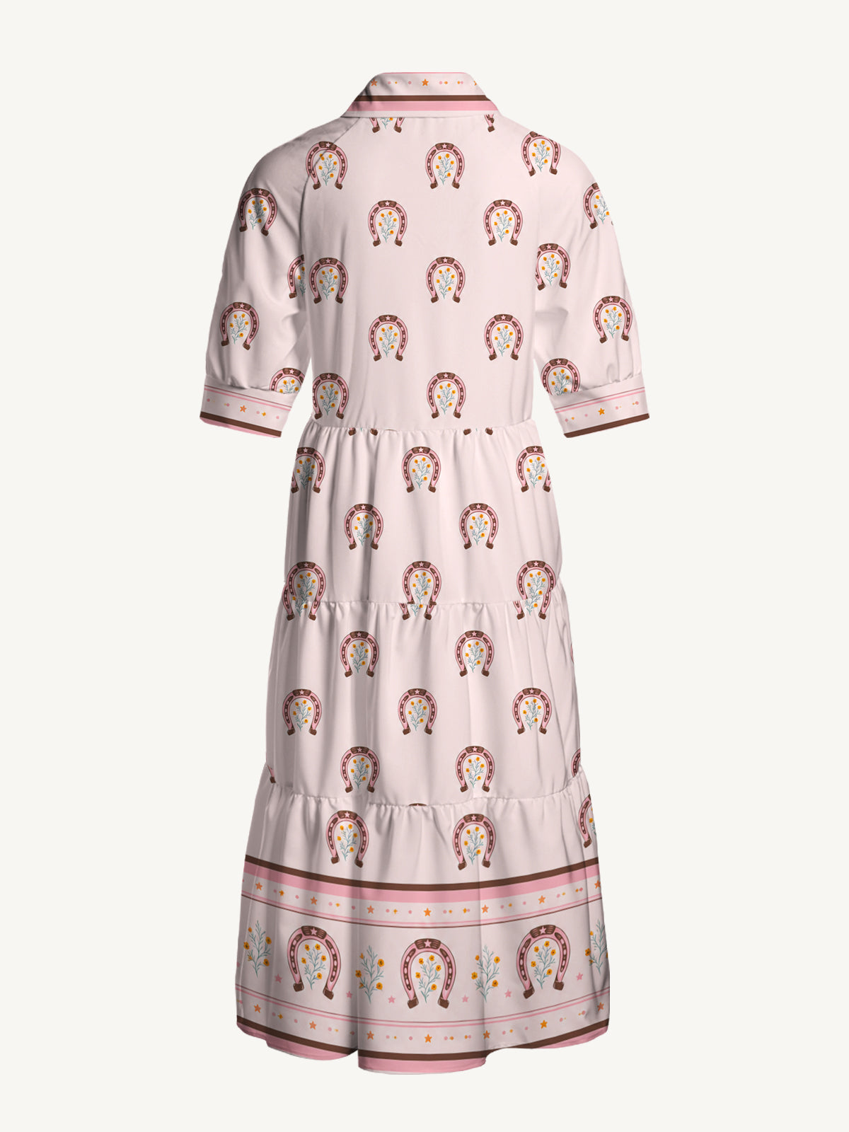 V Neck Collared Blush Lucky Horseshoe Print Casual Midi Dress With Pockets