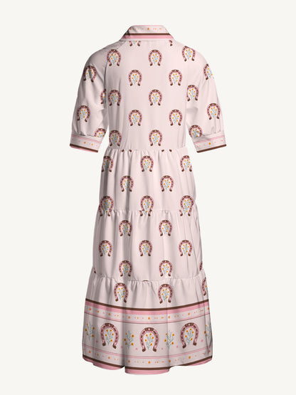 V Neck Collared Blush Lucky Horseshoe Print Casual Midi Dress With Pockets
