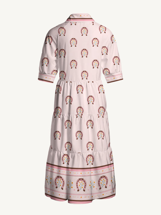V Neck Collared Blush Lucky Horseshoe Print Casual Midi Dress With Pockets