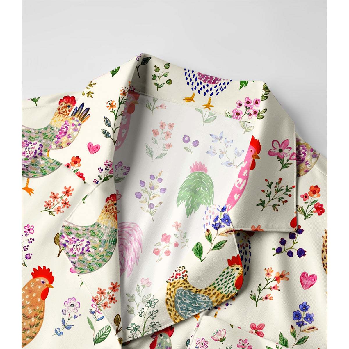 Colorful Farm Chickens Print Long Pajama Set