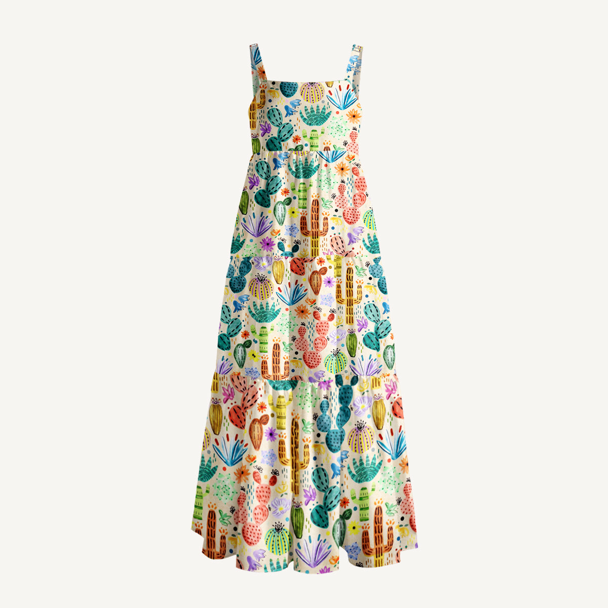 Colorful Watercolor Cactus Garden Print Wide Straps Maxi Dress With Pockets