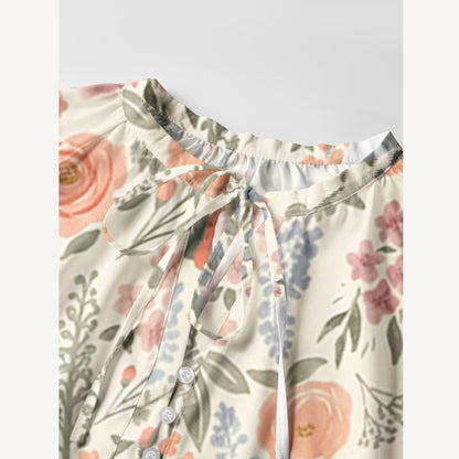 The Wild Flowers Print Boho Tie‑Neck Smock Mini Dress