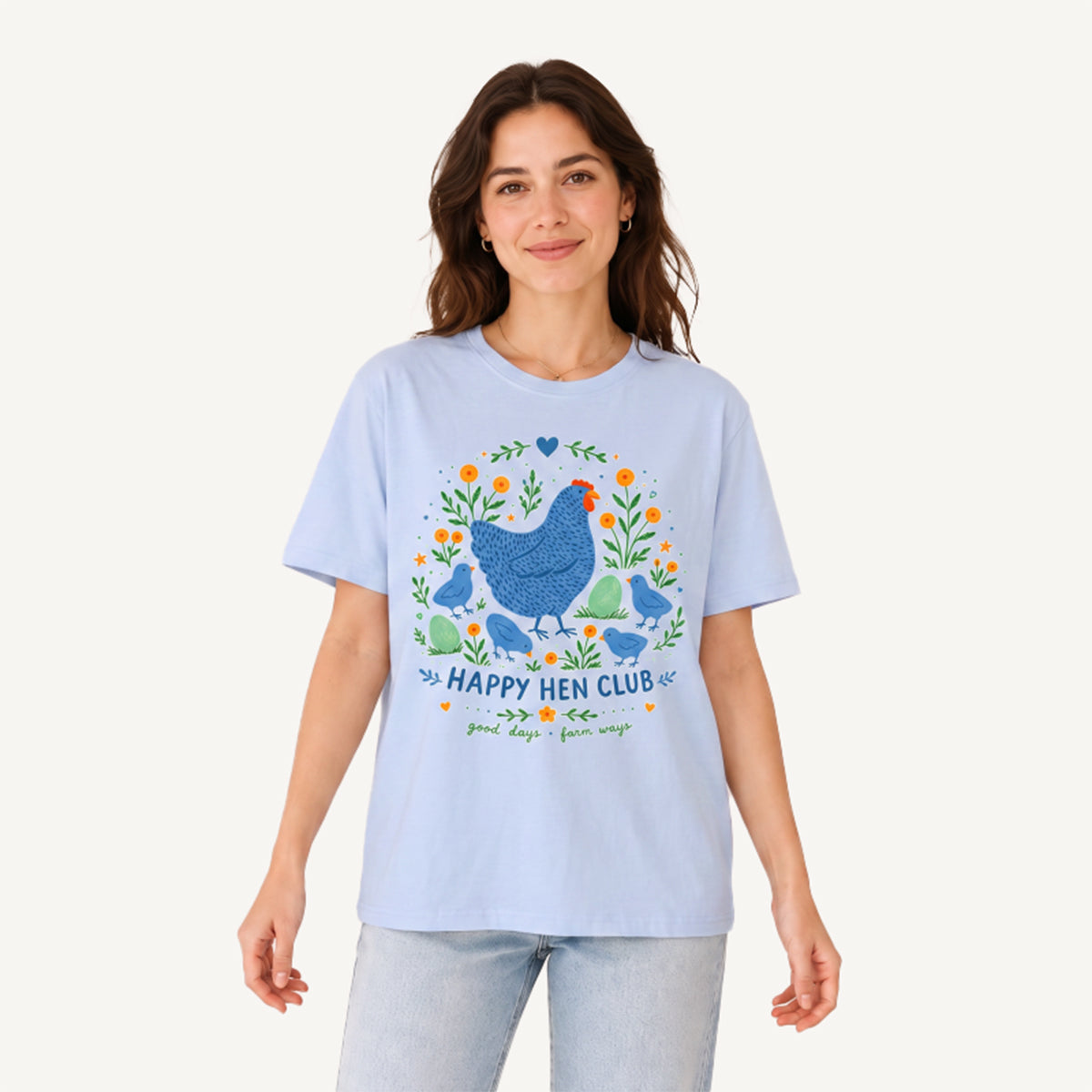 Blue Hen and Chicks Garden Print Crew Neck Cotton Tee