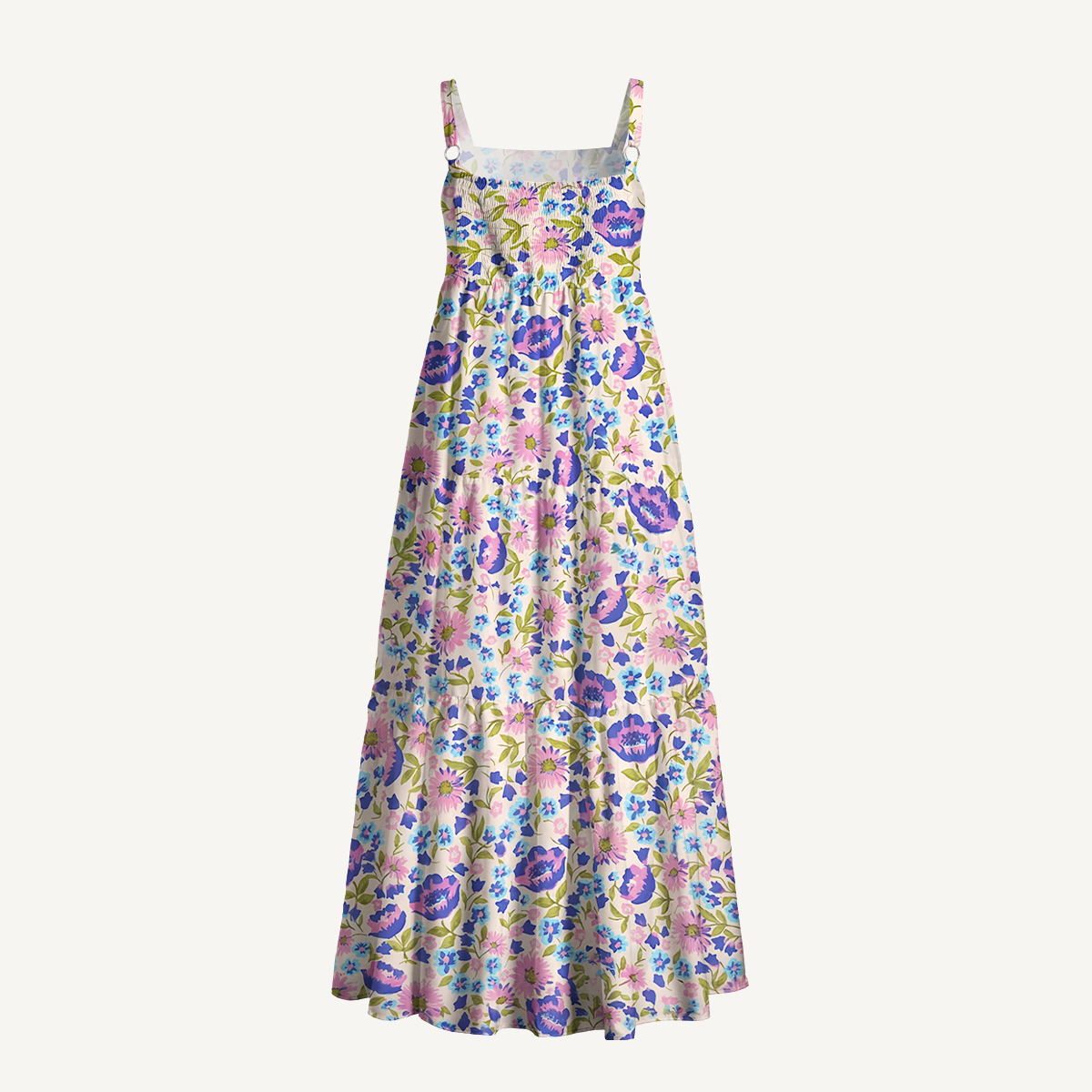 Square Neck Lavender Bloom Print Wide Straps Maxi Dress With Pockets