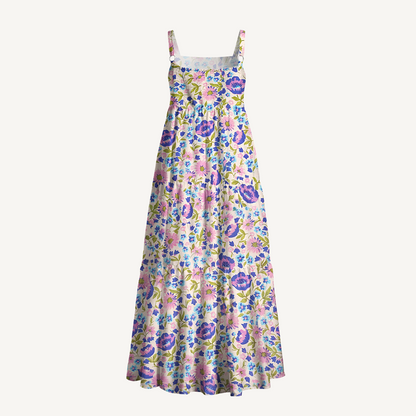 Square Neck Lavender Bloom Print Wide Straps Maxi Dress With Pockets