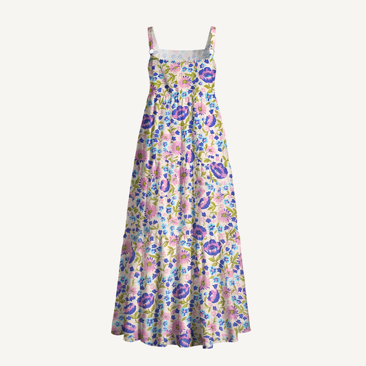 Square Neck Lavender Bloom Print Wide Straps Maxi Dress With Pockets