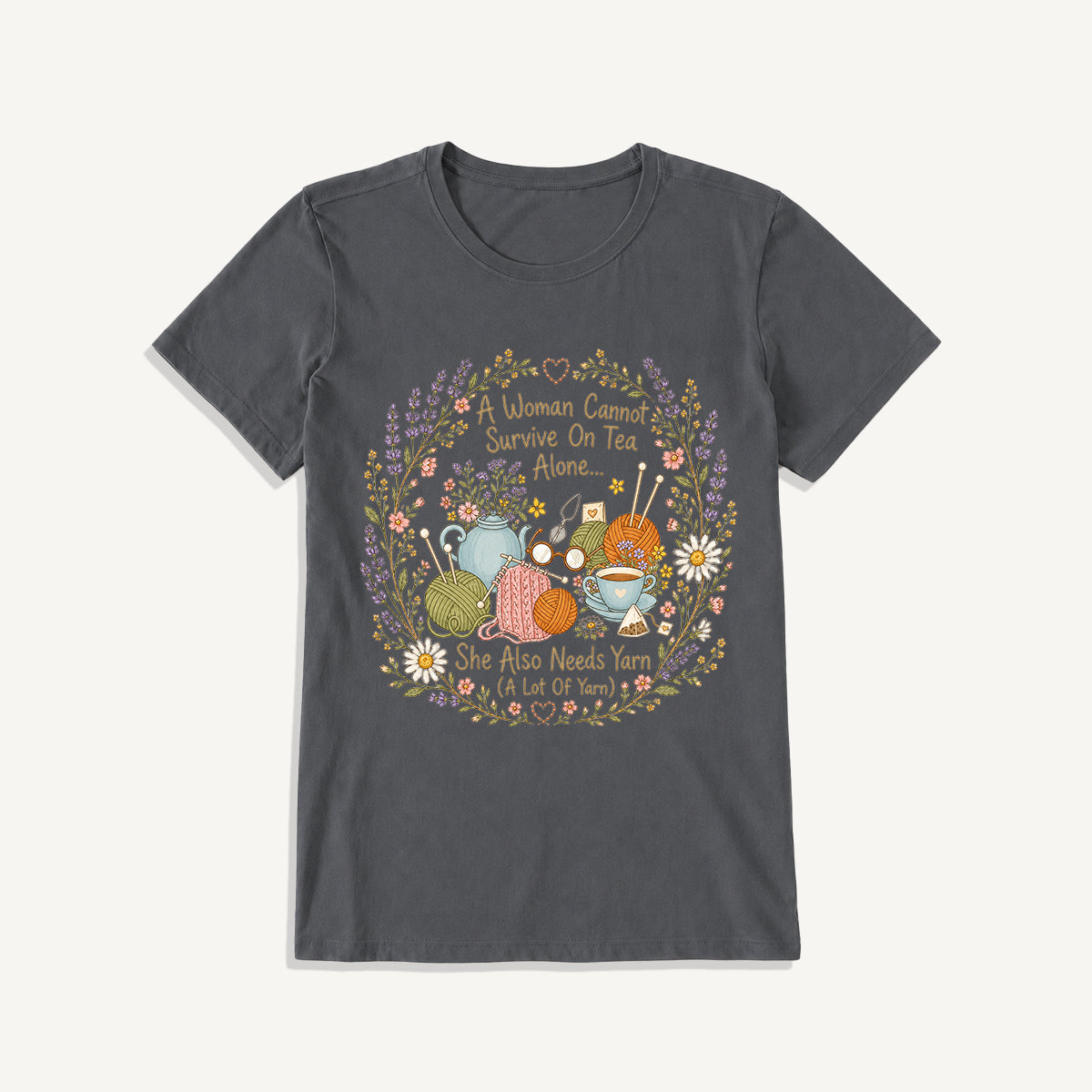 Vintage Floral Knitting Circle Print Crew Neck Cotton Tee