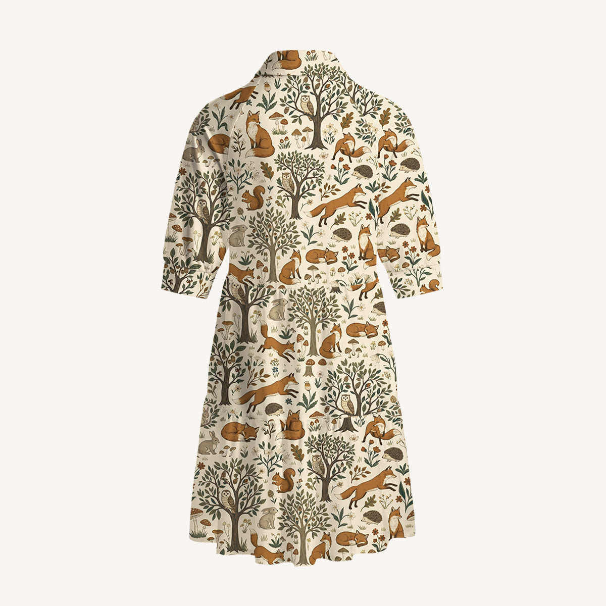 V Neck Collared Woodland Creatures Print Mini Dress For Women With Pockets