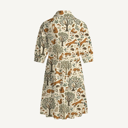 V Neck Collared Woodland Creatures Print Mini Dress For Women With Pockets