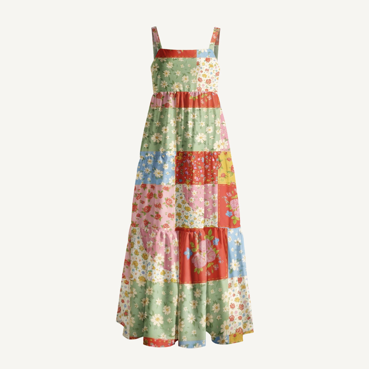Vintage Flower Print Quilt Wide Straps Maxi Dress With Pockets