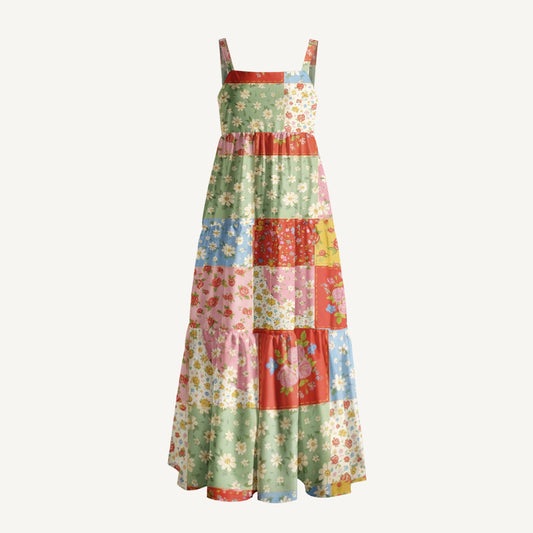 Vintage Flower Print Quilt Wide Straps Maxi Dress With Pockets