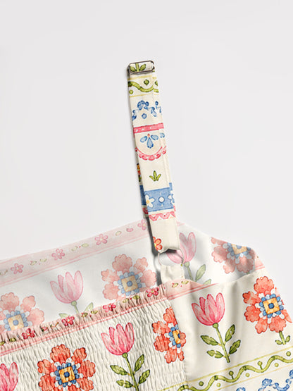 Pastoral Sheep Bands Print Wide Straps Maxi Dress With Pockets