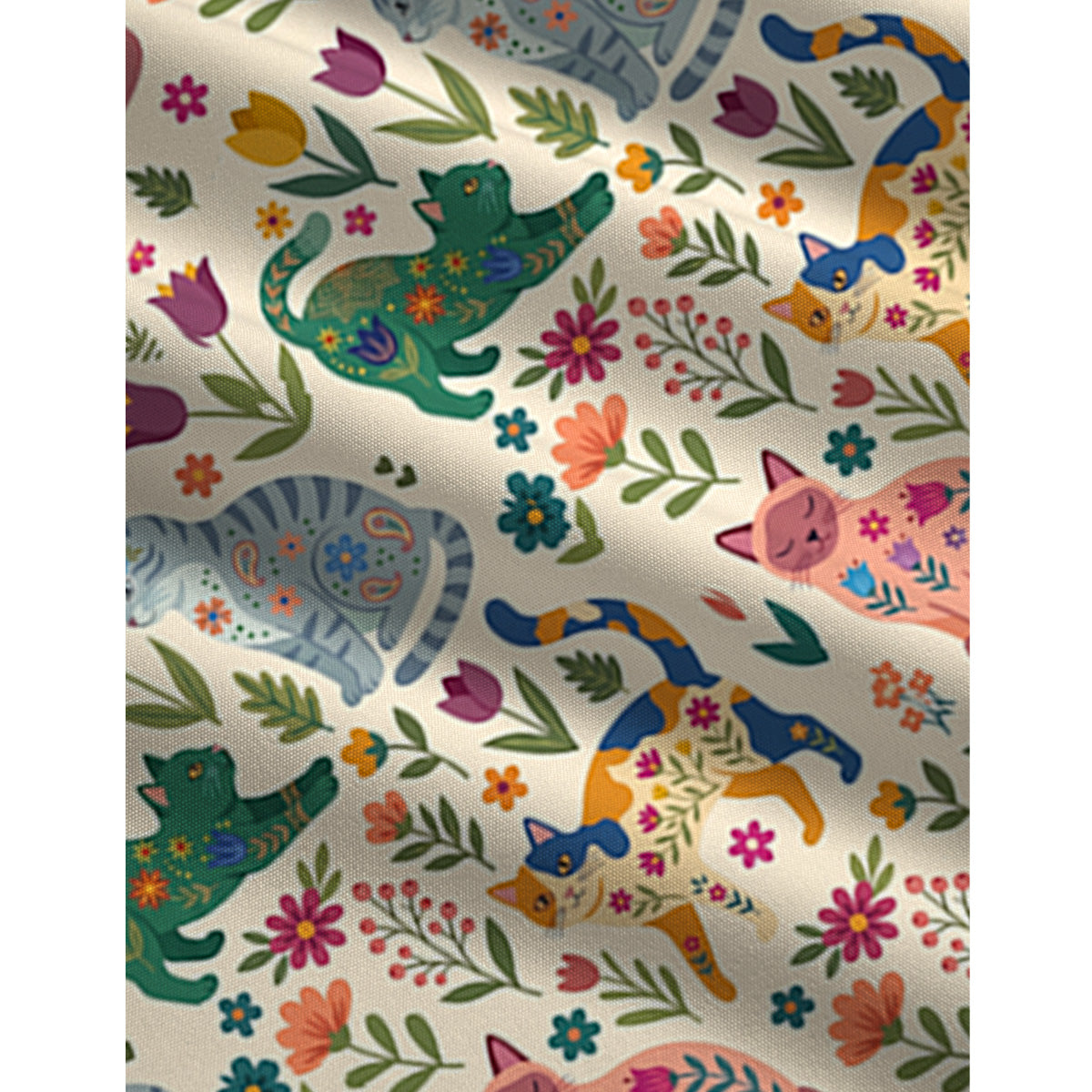 Cute Flower Cat Print Boho Jumpsuit with Pockets for Women