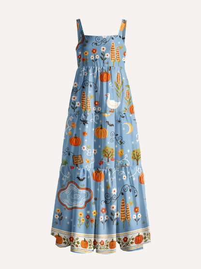 Hard Work Pays Off Farm Map Print Wide Straps Maxi Dress With Pockets