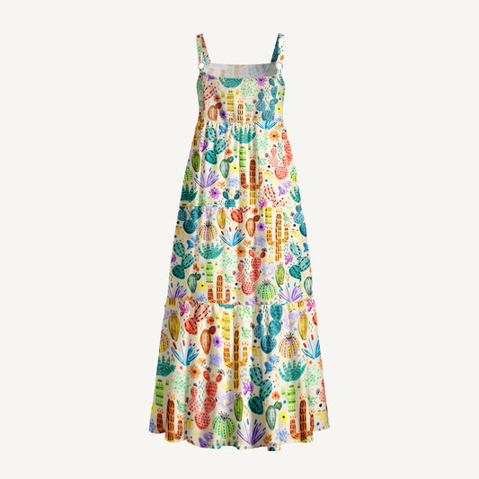 Colorful Watercolor Cactus Garden Print Wide Straps Maxi Dress With Pockets