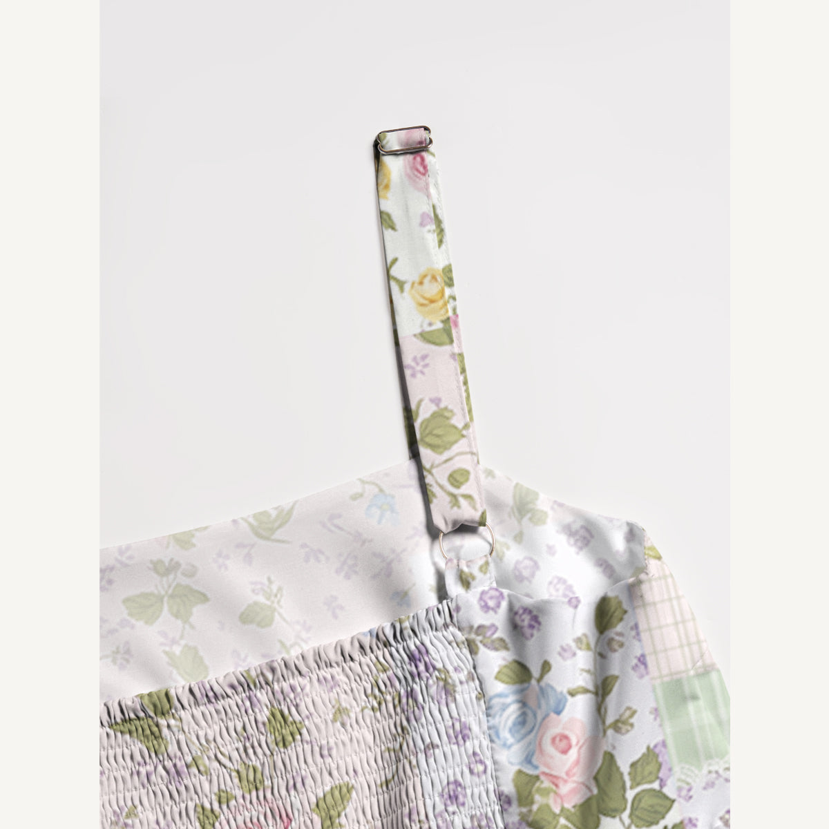 Pastel Rose Print Patchwork Wide Straps Maxi Dress With Pockets