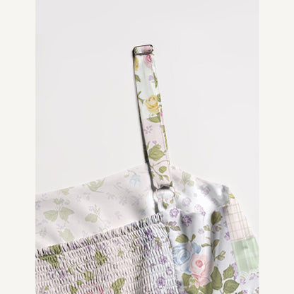Pastel Rose Print Patchwork Wide Straps Maxi Dress With Pockets